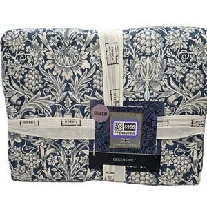 William Morris Sunflower Navy QUEEN Quilt Blue Coverlet Botanical Vines Floral
